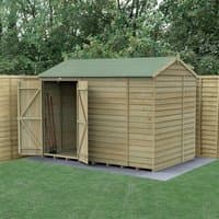 Wooden shed with double doors, reverse apex roof, windowless design, overlap cladding, and pressure-treated timber.