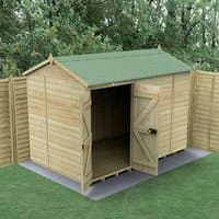 Wooden windowless shed with double doors, reverse apex roof, tongue and groove panels, green roof, pressure treated.
