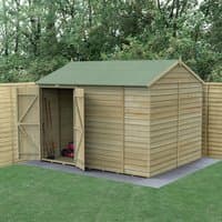 Wooden shed with double doors, reverse apex roof, windowless design, overlap cladding, set on grass with fencing.