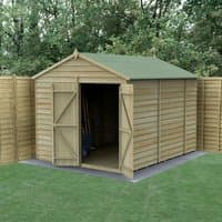 Wooden shed with double doors, apex roof, windowless design, overlap cladding, and pressure-treated timber.