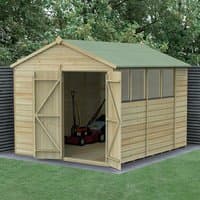 Wooden shed with double doors, apex roof, shiplap cladding, and three windows, set on grass with a lawnmower inside.