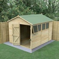 Wooden apex shed with double doors, green roof, and side windows, set on a concrete base in a fenced garden area.