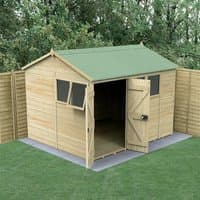 Wooden shed with green roof, double doors, and windows; tongue and groove panels; pressure-treated timber.