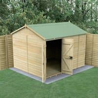 Wooden windowless shed with double doors, reverse apex roof, and pressure-treated tongue and groove panels.