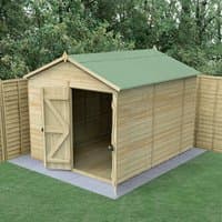 Wooden 10' x 8' windowless shed with double doors, apex roof, tongue and groove panels, set on grass with fence backdrop.