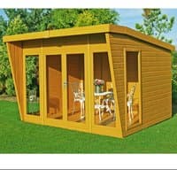 Shire Highclere Summerhouse, 10x8, contemporary design, slanted roof, large glass doors, natural wood finish.