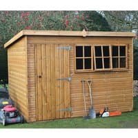 Wooden shiplap pent shed with three windows, single door, and heavy-duty hinges, measuring 10' x 8'.