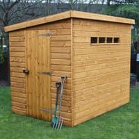 Traditional shiplap pent wooden garden shed, 10' x 8', natural wood finish, single door, small rectangular windows.