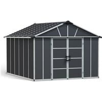 Dark grey plastic shed with skylight roof, double doors, and WPC floor, featuring white trim and gabled roof design.