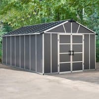Dark grey plastic shed with gabled roof, double doors, and metal frame accents, measuring 11' x 17.2'.