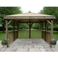 Square wooden garden gazebo with timber roof, open sides, and railings, set on a stone patio with potted plants.