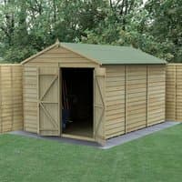 Wooden shed with double doors, apex roof, windowless design, pressure-treated overlap panels, set in a garden.
