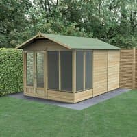 Wooden double door apex summer house with green roof, large windows, and natural finish, set in a garden.