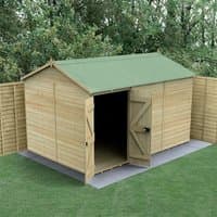 Wooden windowless shed with double doors, reverse apex roof, pressure-treated timber, set on grass with fence backdrop.