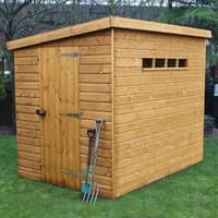 Wooden garden shed with shiplap cladding, pent roof, single door, and small rectangular windows on the side.