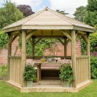 Luxury wooden garden gazebo with traditional timber roof, seating for 10, surrounded by greenery and potted plants.
