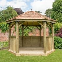 Luxury wooden garden gazebo with New England cedar roof, hexagonal shape, open sides, and seating for 10.