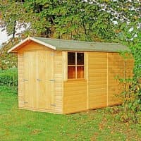 Wooden garden shed with double doors, apex roof, and side window, measuring 13'2 x 6'6, set on grassy area.
