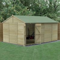 Wooden shed with shiplap cladding, reverse apex roof, double doors, windowless design, set on green lawn.