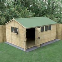 Wooden shed with green roof, double doors, and windows; tongue and groove panels; reverse apex design; 15'x10'.