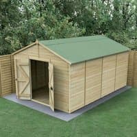 Wooden windowless shed with double doors, apex roof, and tongue & groove panels, set on a concrete base.
