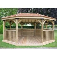 Oval wooden garden gazebo with cedar roof, open sides, and seating for 22 on a grassy area.