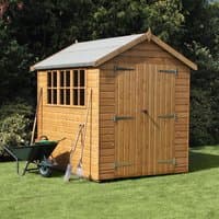 Wooden garden shed with apex roof, shiplap cladding, large double doors, and side windows, set on a grassy lawn.