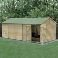 Wooden shed with shiplap cladding, double doors, reverse apex roof, windowless design, set on grass.