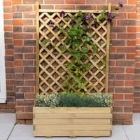 Wooden garden planter with lattice trellis, natural finish, climbing plants, and rectangular base against brick wall.