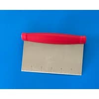 Stainless steel chopper scraper with red handle and measurement markings on blade.