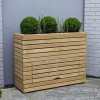 Tall wooden garden planter with horizontal slats, storage compartment, and three green plants on top.