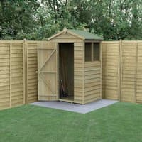 4' x 3' wooden apex shed with overlap panels, single door, and window, set on a concrete base in a garden setting.