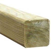 Planed wooden fence post, 4'11" long, square shape, smooth surface, light brown color, by Forest Garden.