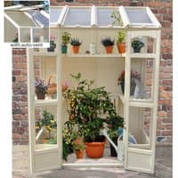 Tall cream Victorian-style wall greenhouse with glass panels, auto vent, and various potted plants inside.