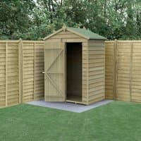 Wooden apex storage shed, 5'x3', pressure-treated, overlap design, windowless, single door, set on a concrete base.