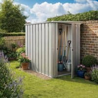 Silver Yardmaster Pent Metal Shed, 5' x 4', with vertical ridges, open door, and garden tools inside.