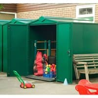 Green metal security shed with double doors open, revealing stored items; features a peaked roof and police approval.