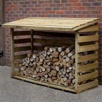 Wooden logstore with slatted sides and pent roof, filled with stacked logs, measuring 5'11 x 2'8.