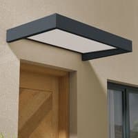 Grey and white Palram Canopia door canopy with rectangular design and sleek modern finish.