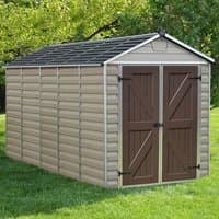 Tan plastic shed with dark brown double doors, black gabled roof, and horizontal paneling, set on grass.