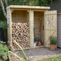 Wooden logstore with open log section and closed tool storage, featuring a slanted roof and natural wood finish.