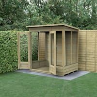 Wooden pent-roof summer house with double doors, large windows, and natural finish, set against a garden backdrop.