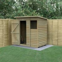 Wooden pent shed, 6'x4', overlap pressure-treated, single door, small window, natural wood finish, set in garden.