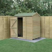 Wooden shed with reverse apex roof, overlap cladding, windowless design, single door, surrounded by wooden fencing.