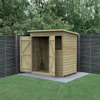 Wooden shed with double doors, shiplap cladding, and sloped roof, set on a concrete base in a garden setting.