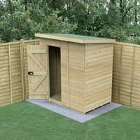 Wooden windowless pent shed, 6' x 4', tongue and groove panels, pressure treated, single door, flat roof.