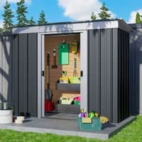 Anthracite metal shed with sliding door, vertical grooves, and interior storage shelves, 6' x 4' size.