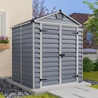 Grey plastic shed with skylight, double doors, and horizontal paneling, measuring 6' x 5' by Palram Canopia.