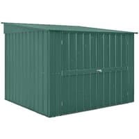 Green metal bike shed with sloped roof, double doors, and vertical panel design, measuring 6' x 6'.
