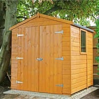 Shire Arran wooden garden shed, 6'x6', with double doors, apex roof, and side window, natural wood finish.